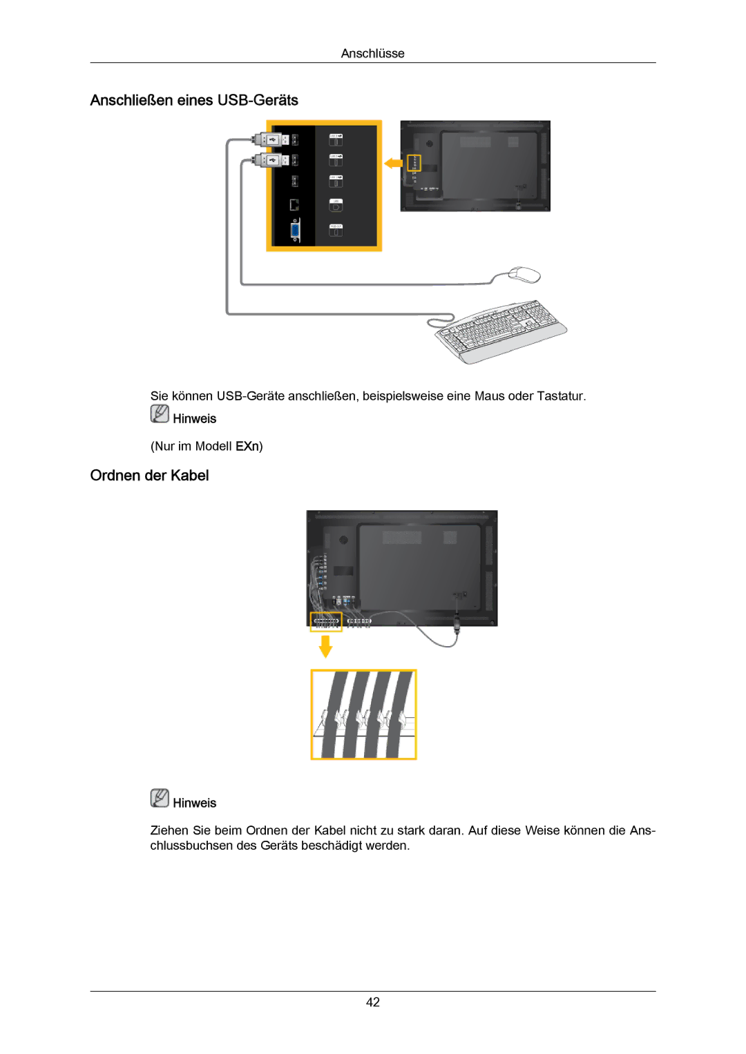 Samsung LH40LBPLBC/EN, LH40LBTLBC/EN, LH55LBTLBC/EN, LH55LBPLBC/EN manual Anschließen eines USB-Geräts, Ordnen der Kabel 