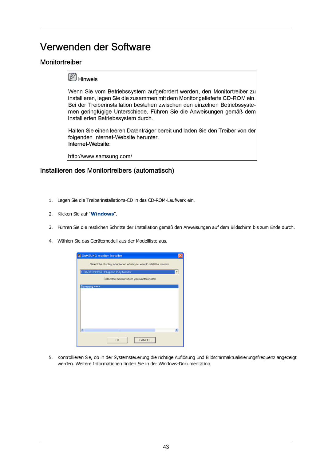 Samsung LH55LBTLBC/EN, LH40LBTLBC/EN, LH40LBPLBC/EN manual Installieren des Monitortreibers automatisch, Internet-Website 