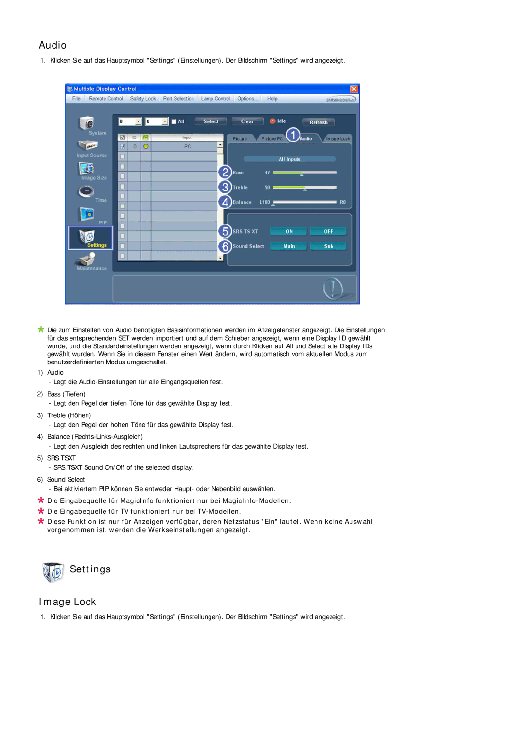 Samsung LH55LBPLBC/EN, LH40LBTLBC/EN, LH40LBPLBC/EN, LH55LBTLBC/EN, LH46LBTLBC/EN, LH46LBPLBC/EN Audio, Settings Image Lock 