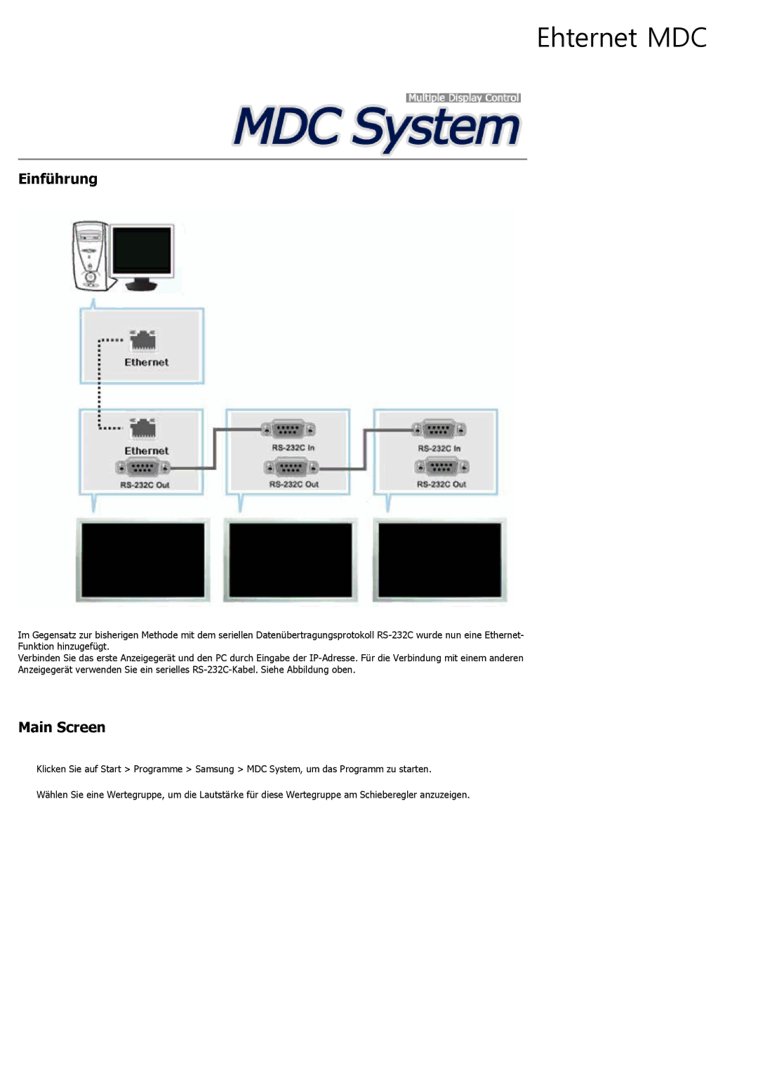 Samsung LH46LBTLBC/EN, LH40LBTLBC/EN, LH40LBPLBC/EN, LH55LBTLBC/EN, LH55LBPLBC/EN, LH46LBPLBC/EN manual Ehternet MDC, Einführung 