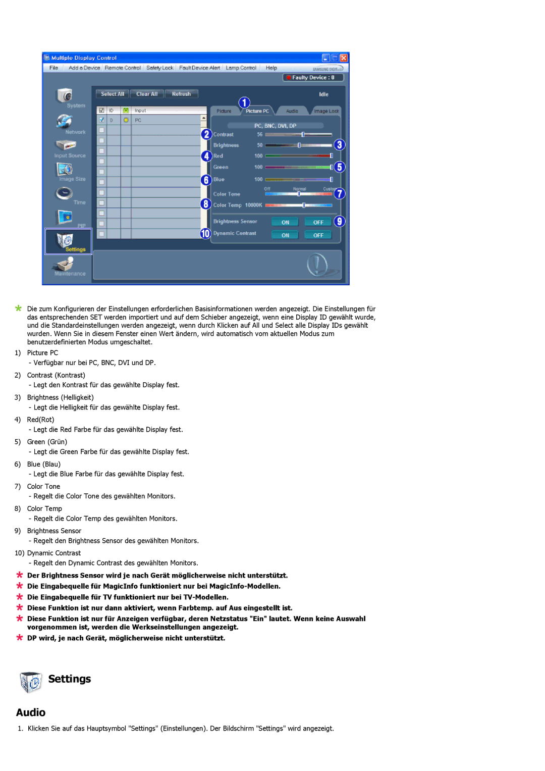 Samsung LH46LBPLBC/EN, LH40LBTLBC/EN, LH40LBPLBC/EN, LH55LBTLBC/EN, LH55LBPLBC/EN, LH46LBTLBC/EN manual Settings Audio 