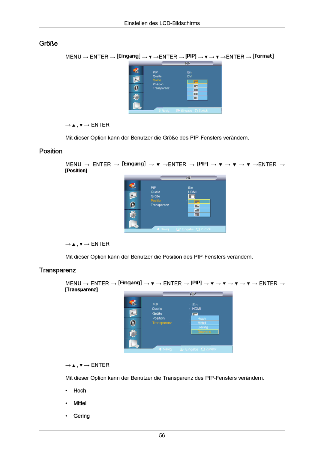 Samsung LH55LBPLBC/EN, LH40LBTLBC/EN, LH40LBPLBC/EN, LH55LBTLBC/EN manual Größe, Position, Transparenz, Hoch Mittel Gering 