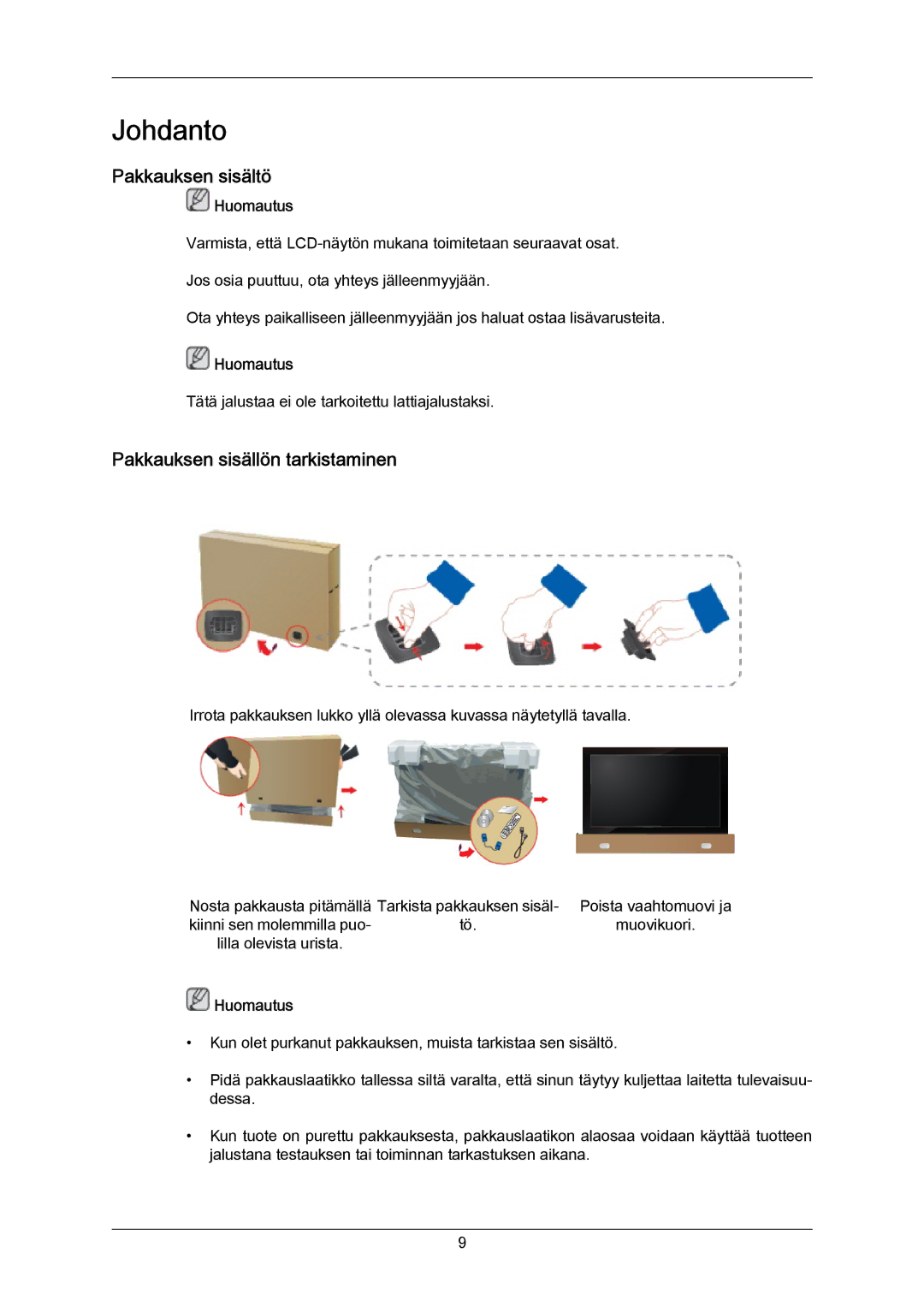 Samsung LH46LBTLBC/EN, LH40LBTLBC/EN, LH40LBPLBC/EN, LH55LBTLBC/EN Pakkauksen sisältö, Pakkauksen sisällön tarkistaminen 