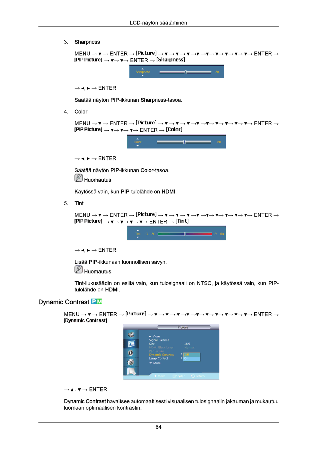 Samsung LH46LBPLBC/EN, LH40LBTLBC/EN, LH40LBPLBC/EN, LH55LBTLBC/EN, LH55LBPLBC/EN, LH46LBTLBC/EN Dynamic Contrast, Color, Tint 