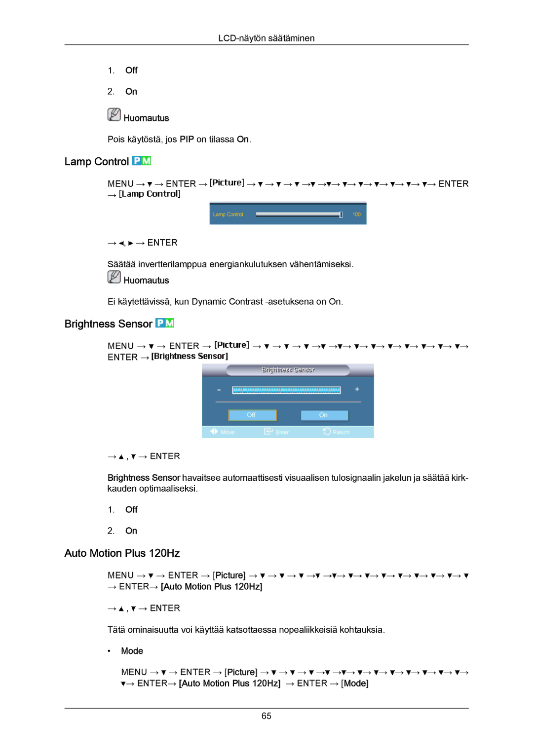 Samsung LH40LBTLBC/EN, LH40LBPLBC/EN, LH55LBTLBC/EN, LH55LBPLBC/EN Lamp Control, Brightness Sensor, Auto Motion Plus 120Hz 