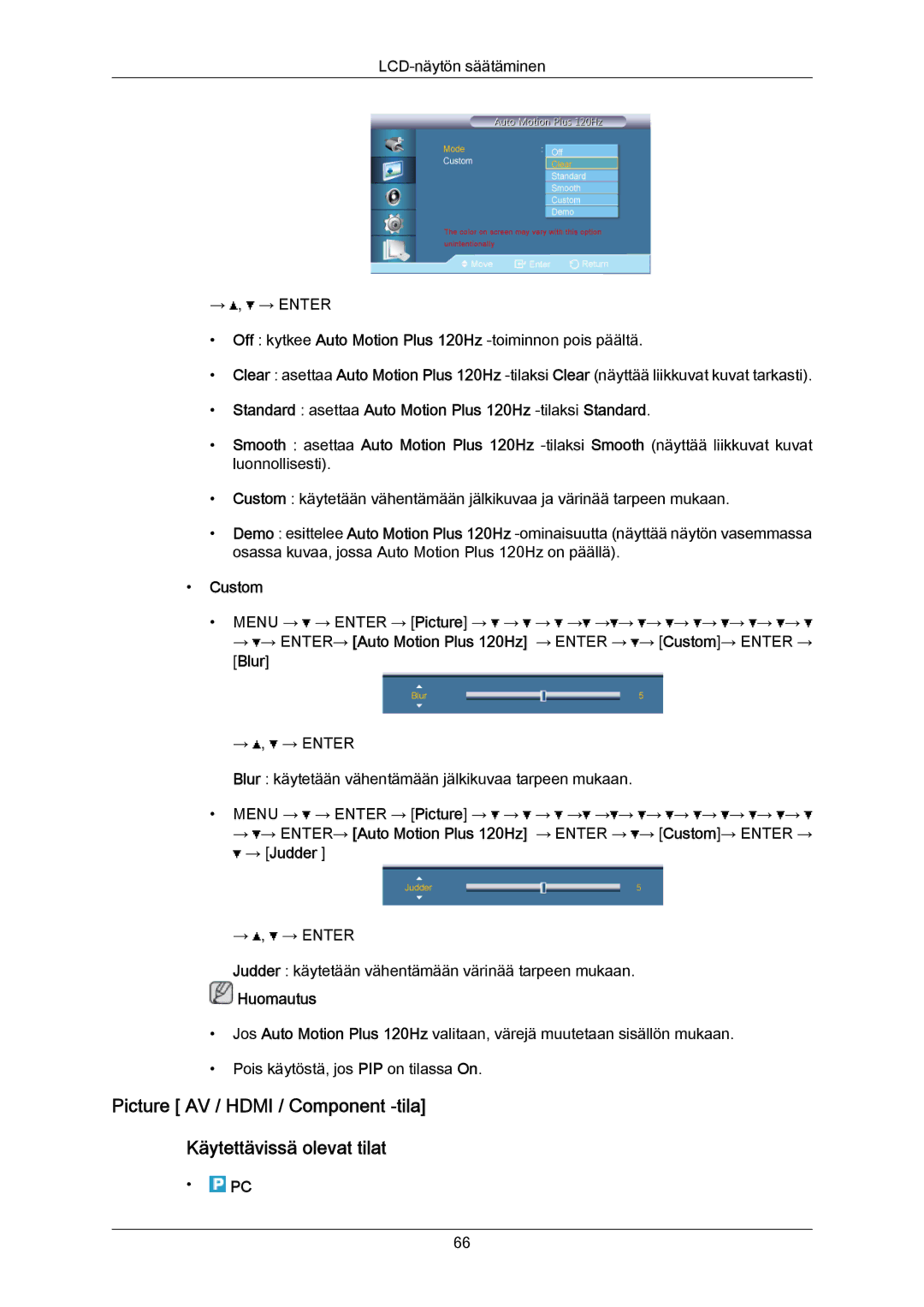 Samsung LH40LBPLBC/EN, LH40LBTLBC/EN, LH55LBTLBC/EN manual Standard asettaa Auto Motion Plus 120Hz -tilaksiStandard, Custom 