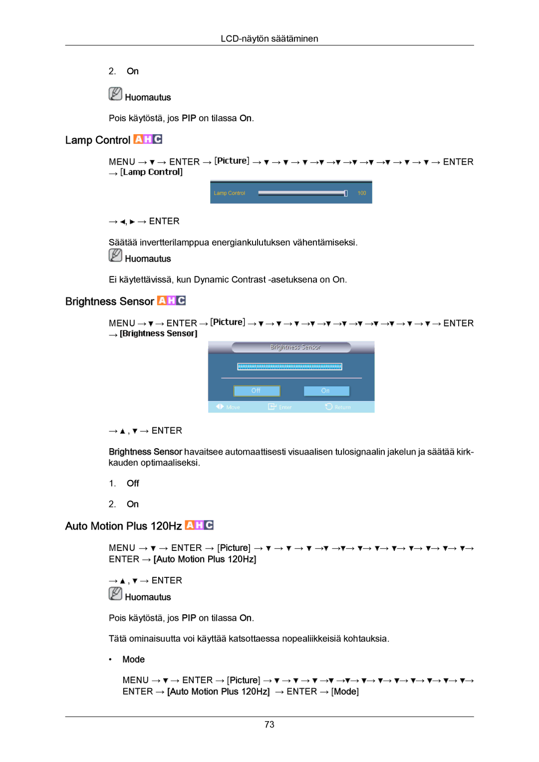Samsung LH55LBTLBC/EN, LH40LBTLBC/EN, LH40LBPLBC/EN manual Lamp Control, Enter → Auto Motion Plus 120Hz → Enter → Mode 