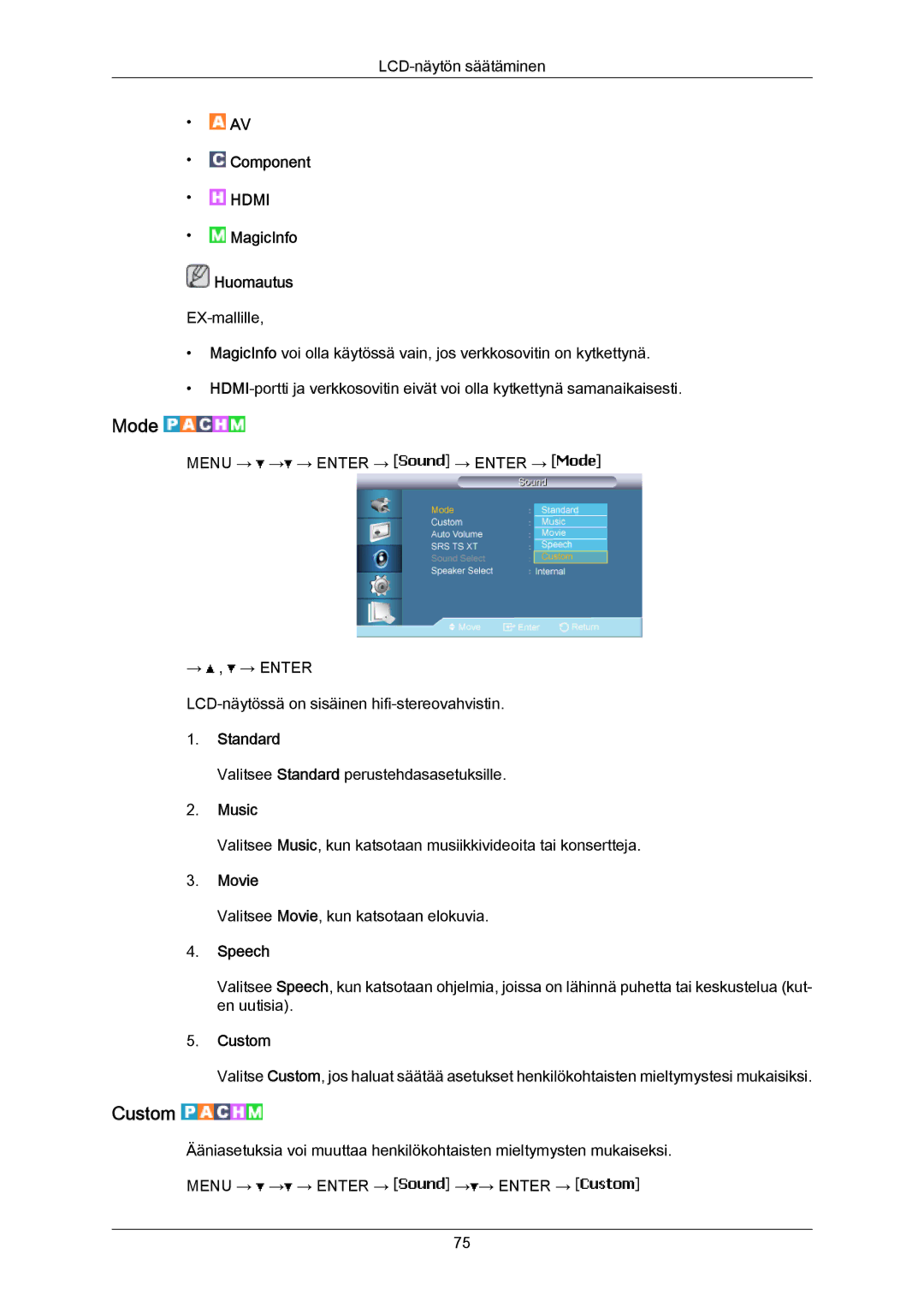 Samsung LH46LBTLBC/EN, LH40LBTLBC/EN, LH40LBPLBC/EN, LH55LBTLBC/EN, LH55LBPLBC/EN, LH46LBPLBC/EN manual Music, Speech 