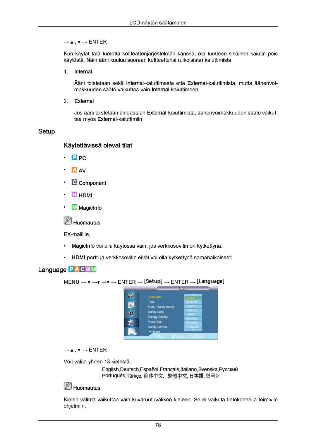 Samsung LH40LBPLBC/EN, LH40LBTLBC/EN, LH55LBTLBC/EN manual Setup Käytettävissä olevat tilat, Language, Internal, External 