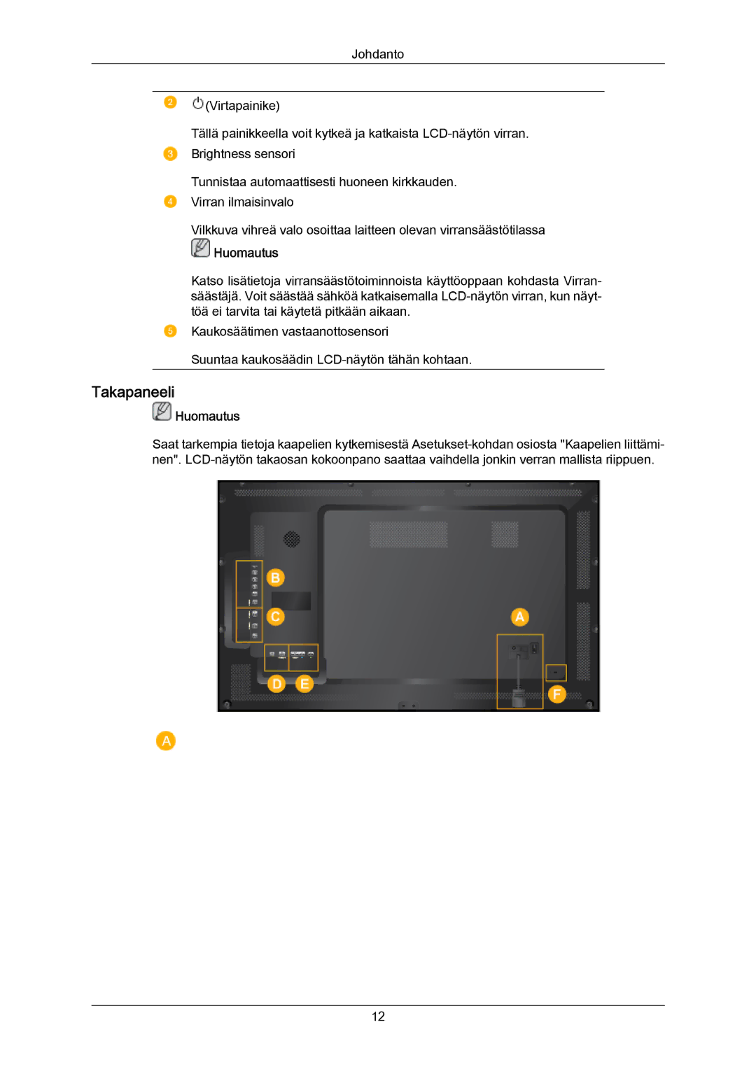 Samsung LH40LBPLBC/EN, LH40LBTLBC/EN, LH55LBTLBC/EN, LH55LBPLBC/EN, LH46LBTLBC/EN, LH46LBPLBC/EN manual Takapaneeli 