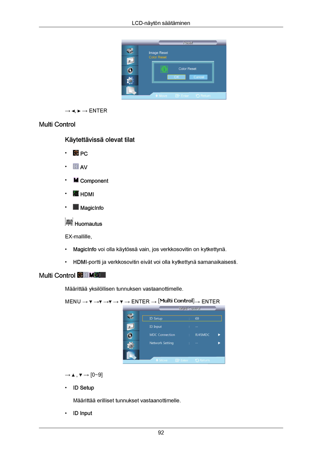 Samsung LH55LBPLBC/EN, LH40LBTLBC/EN, LH40LBPLBC/EN manual Multi Control Käytettävissä olevat tilat, ID Setup, ID Input 