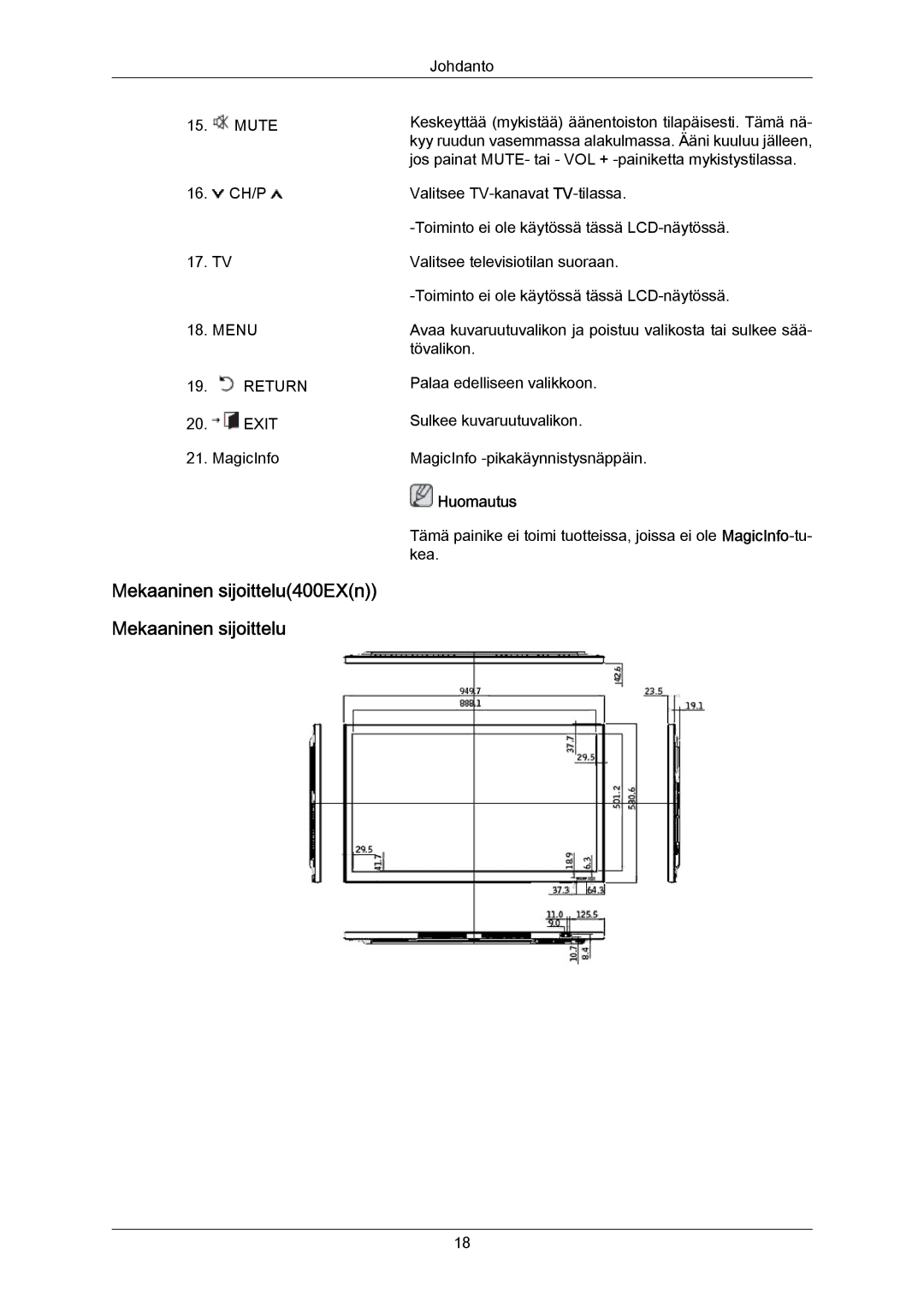 Samsung LH40LBPLBC/EN, LH40LBTLBC/EN, LH55LBTLBC/EN, LH55LBPLBC/EN, LH46LBTLBC/EN, LH46LBPLBC/EN Mekaaninen sijoittelu400EXn 