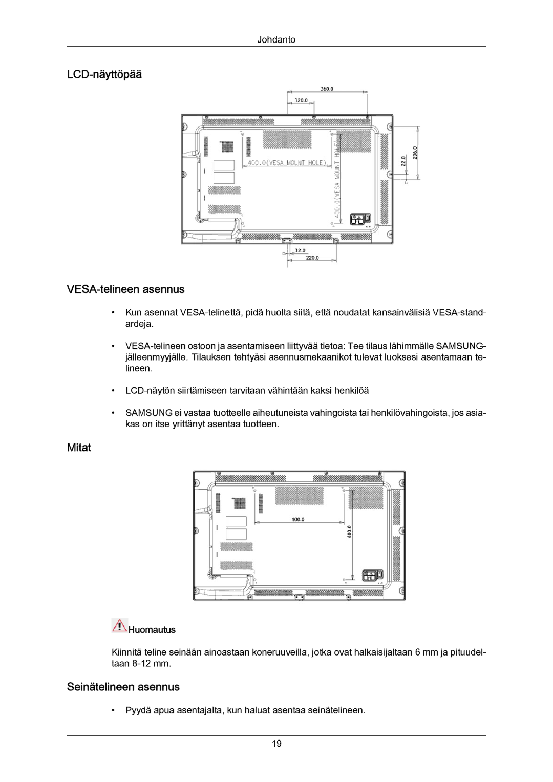 Samsung LH55LBTLBC/EN, LH40LBTLBC/EN, LH40LBPLBC/EN manual LCD-näyttöpää VESA-telineen asennus, Mitat, Seinätelineen asennus 