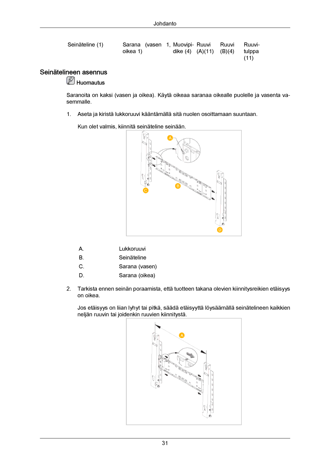 Samsung LH55LBTLBC/EN, LH40LBTLBC/EN, LH40LBPLBC/EN, LH55LBPLBC/EN, LH46LBTLBC/EN, LH46LBPLBC/EN manual Seinätelineen asennus 