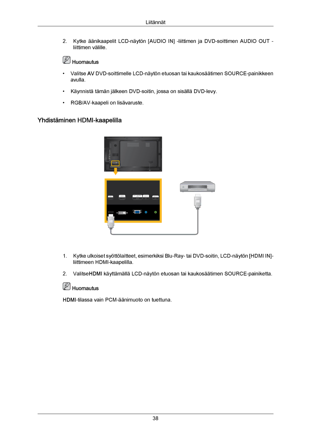 Samsung LH55LBPLBC/EN, LH40LBTLBC/EN, LH40LBPLBC/EN, LH55LBTLBC/EN, LH46LBTLBC/EN, LH46LBPLBC/EN Yhdistäminen HDMI-kaapelilla 