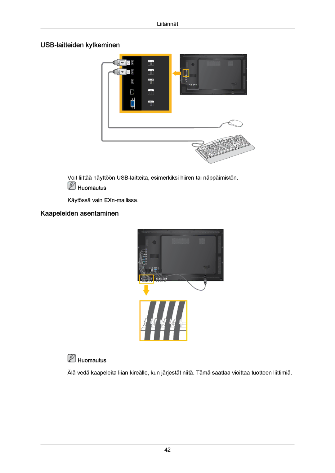 Samsung LH40LBPLBC/EN, LH40LBTLBC/EN, LH55LBTLBC/EN, LH55LBPLBC/EN manual USB-laitteiden kytkeminen, Kaapeleiden asentaminen 