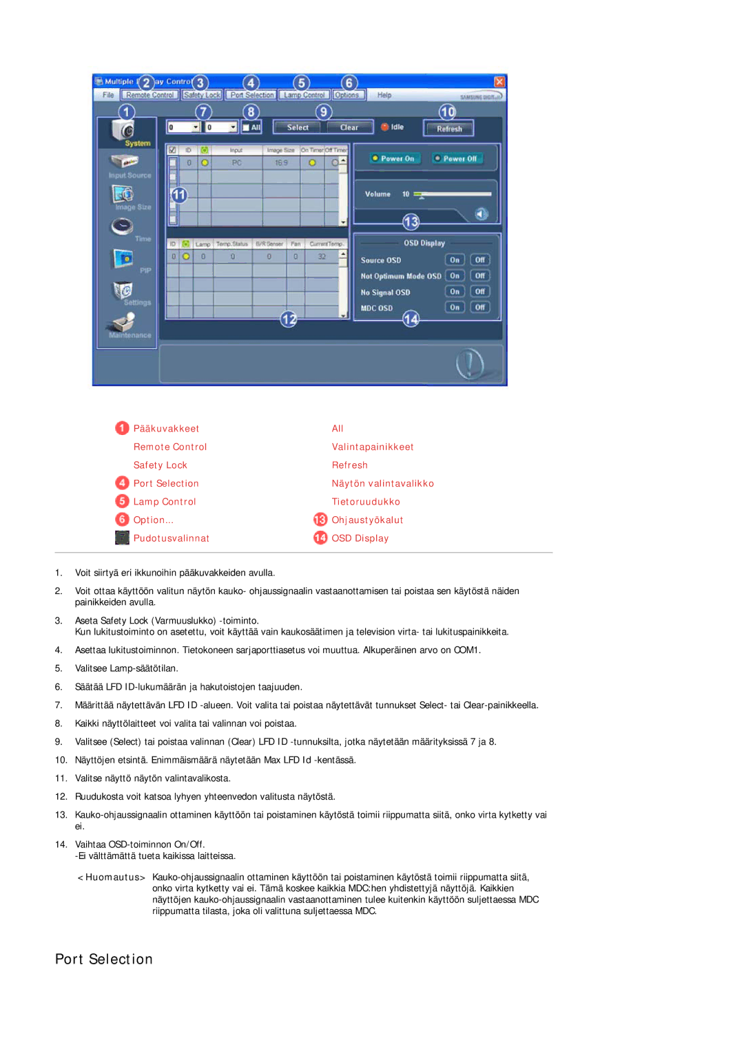 Samsung LH40LBPLBC/EN, LH40LBTLBC/EN, LH55LBTLBC/EN, LH55LBPLBC/EN, LH46LBTLBC/EN, LH46LBPLBC/EN manual Port Selection 