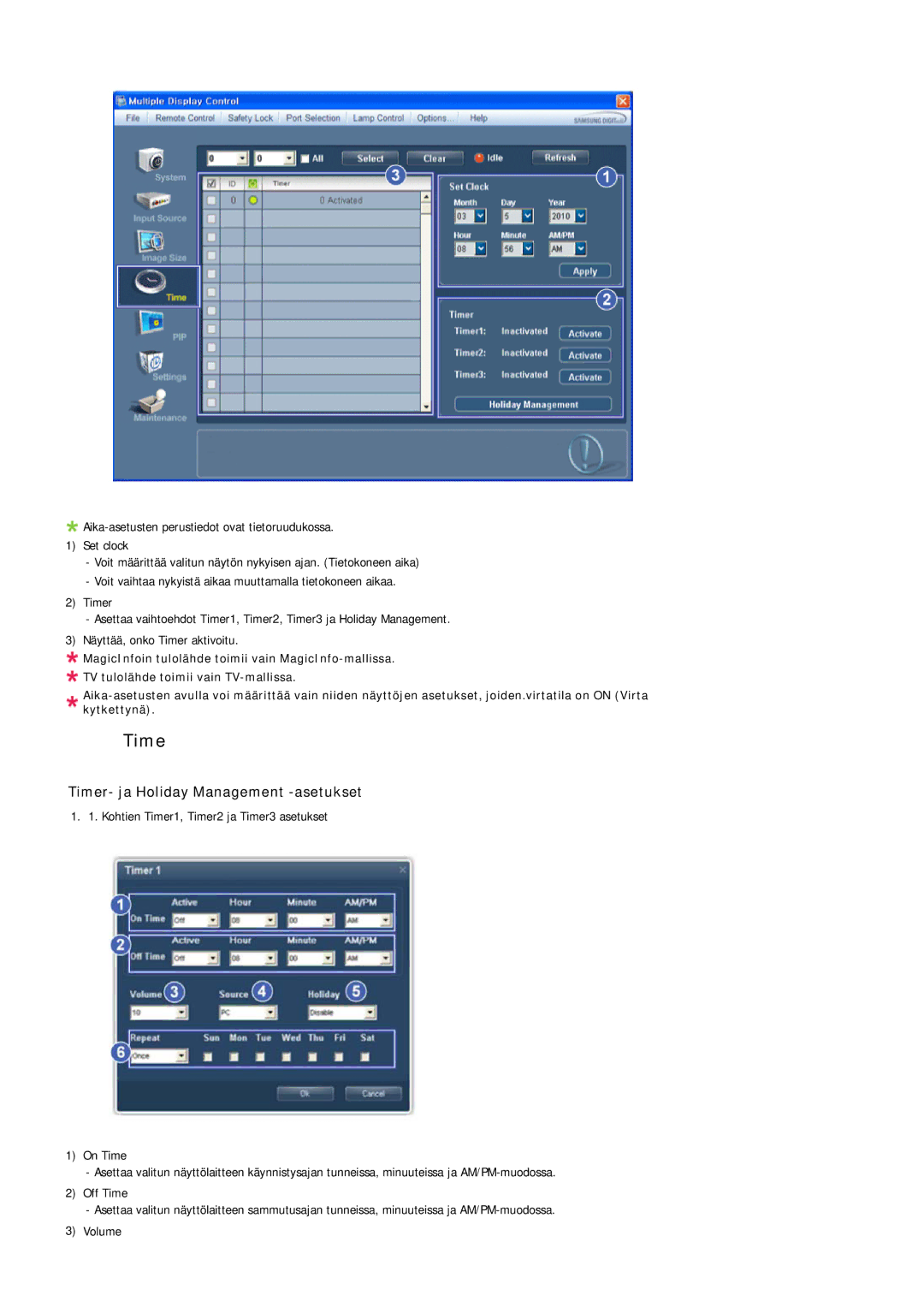 Samsung LH55LBTLBC/EN, LH40LBTLBC/EN, LH40LBPLBC/EN, LH55LBPLBC/EN, LH46LBTLBC/EN Timer- ja Holiday Management -asetukset 