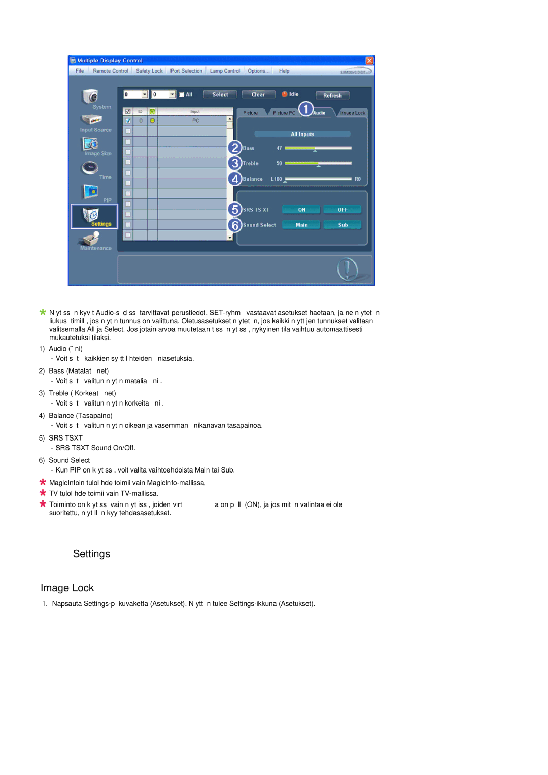 Samsung LH55LBTLBC/EN, LH40LBTLBC/EN, LH40LBPLBC/EN, LH55LBPLBC/EN, LH46LBTLBC/EN, LH46LBPLBC/EN Settings Image Lock, SRS Tsxt 