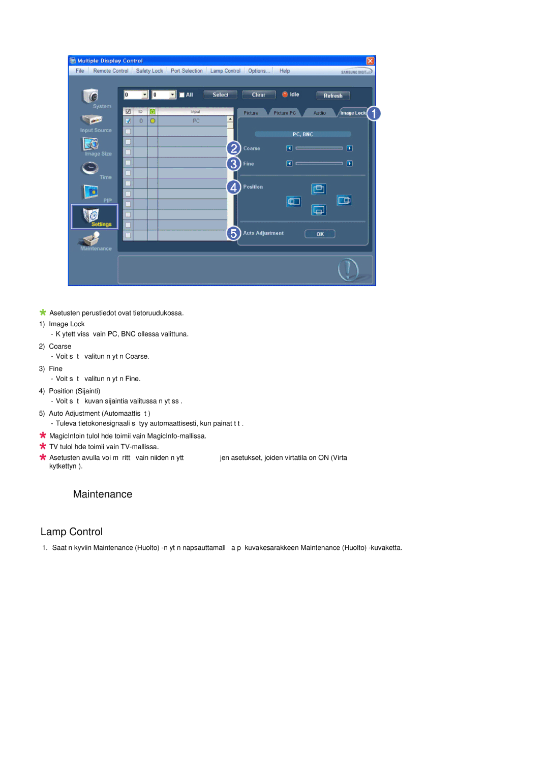 Samsung LH55LBPLBC/EN, LH40LBTLBC/EN, LH40LBPLBC/EN, LH55LBTLBC/EN, LH46LBTLBC/EN, LH46LBPLBC/EN manual Maintenance Lamp Control 