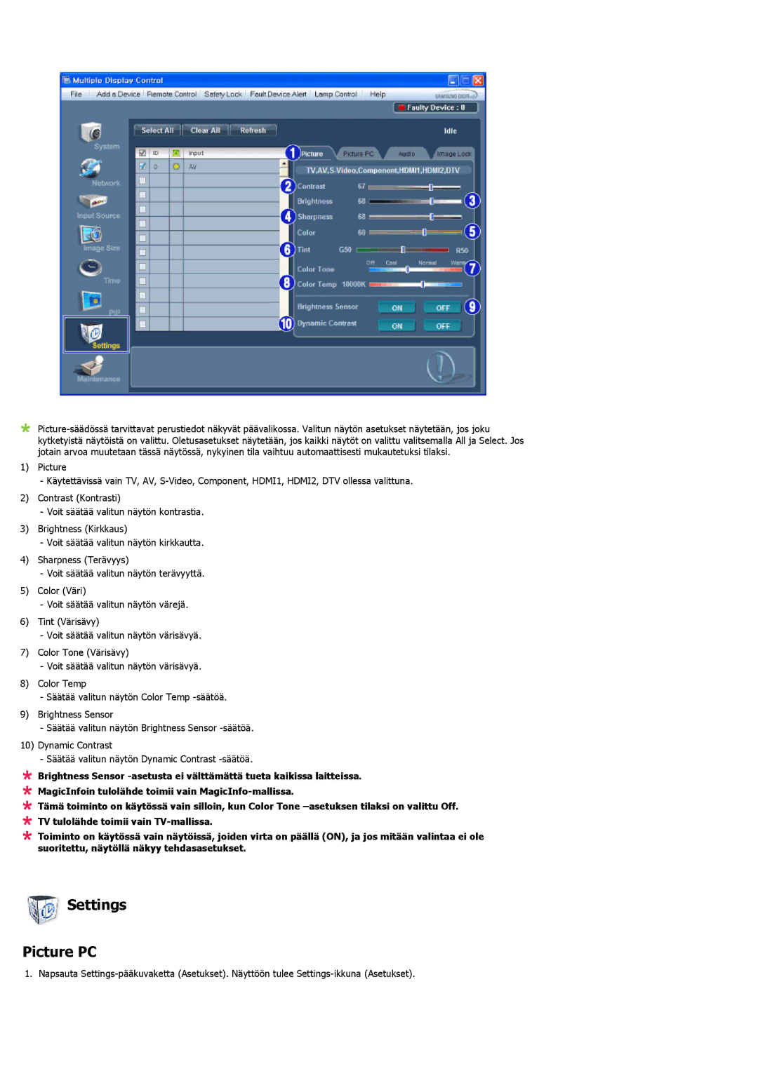 Samsung LH55LBPLBC/EN, LH40LBTLBC/EN, LH40LBPLBC/EN, LH55LBTLBC/EN, LH46LBTLBC/EN, LH46LBPLBC/EN manual Settings Picture PC 