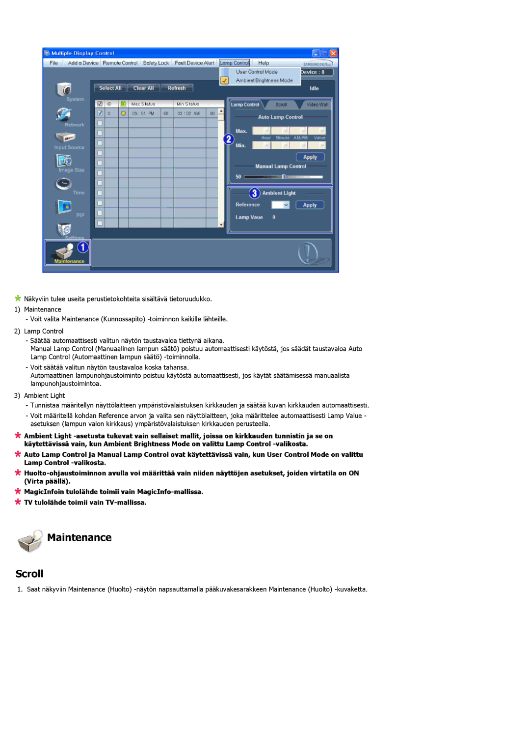 Samsung LH40LBPLBC/EN, LH40LBTLBC/EN, LH55LBTLBC/EN, LH55LBPLBC/EN, LH46LBTLBC/EN, LH46LBPLBC/EN manual Maintenance Scroll 