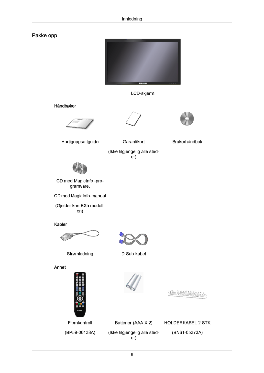 Samsung LH46LBTLBC/EN, LH40LBTLBC/EN, LH40LBPLBC/EN, LH55LBTLBC/EN, LH55LBPLBC/EN manual Pakke opp, Håndbøker, Kabler, Annet 