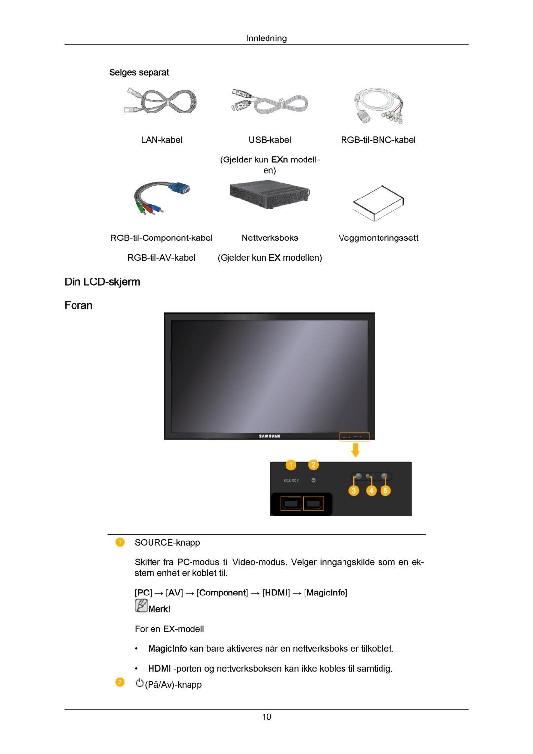 Samsung LH46LBPLBC/EN, LH40LBTLBC/EN Din LCD-skjerm Foran, Selges separat, PC → AV → Component → Hdmi → MagicInfo Merk 