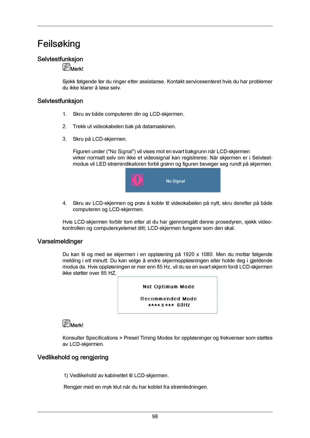 Samsung LH55LBPLBC/EN, LH40LBTLBC/EN, LH40LBPLBC/EN manual Selvtestfunksjon, Varselmeldinger, Vedlikehold og rengjøring 