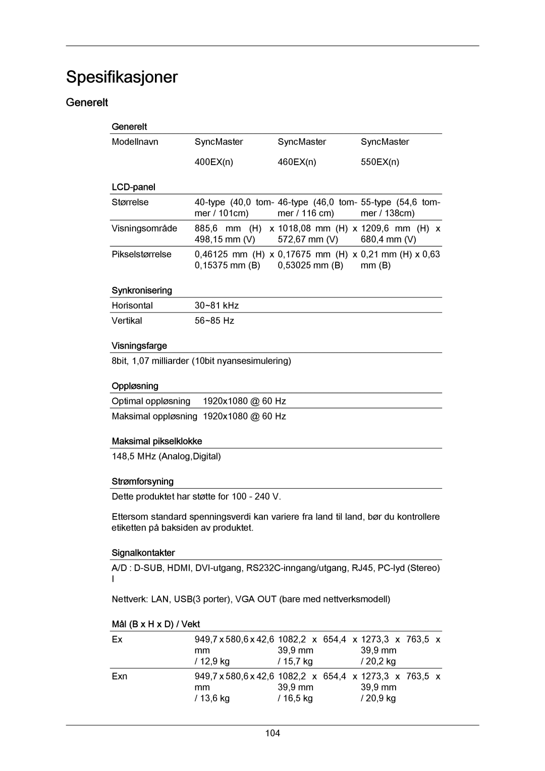 Samsung LH55LBPLBC/EN, LH40LBTLBC/EN, LH40LBPLBC/EN, LH55LBTLBC/EN, LH46LBTLBC/EN, LH46LBPLBC/EN manual Generelt 