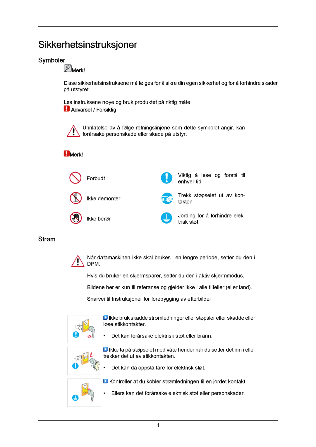 Samsung LH55LBTLBC/EN, LH40LBTLBC/EN, LH40LBPLBC/EN, LH55LBPLBC/EN, LH46LBTLBC/EN, LH46LBPLBC/EN manual Symboler, Strøm, Merk 