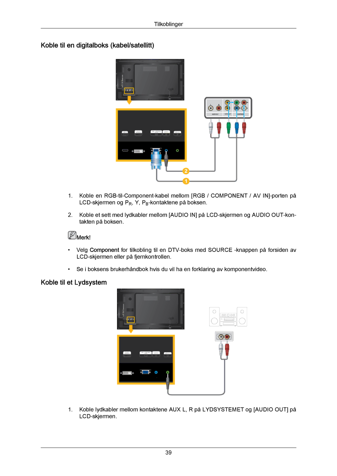 Samsung LH46LBTLBC/EN, LH40LBTLBC/EN, LH40LBPLBC/EN manual Koble til en digitalboks kabel/satellitt, Koble til et Lydsystem 