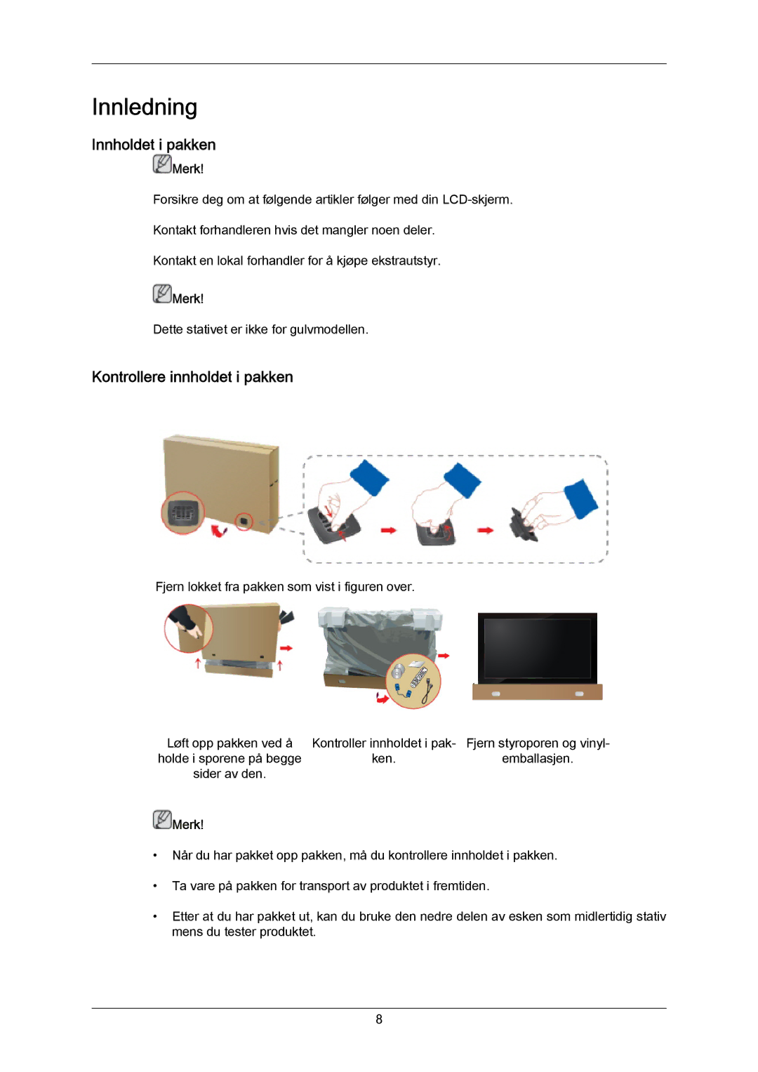 Samsung LH55LBPLBC/EN, LH40LBTLBC/EN, LH40LBPLBC/EN, LH55LBTLBC/EN manual Innholdet i pakken, Kontrollere innholdet i pakken 