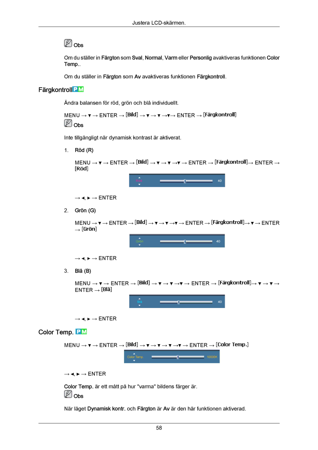 Samsung LH46LBPLBC/EN, LH40LBTLBC/EN, LH40LBPLBC/EN, LH55LBTLBC/EN manual Färgkontroll, Color Temp, Röd R, Grön G, Blå B 