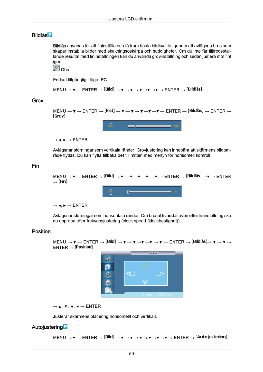 Samsung LH40LBTLBC/EN, LH40LBPLBC/EN, LH55LBTLBC/EN, LH55LBPLBC/EN, LH46LBTLBC/EN manual Bildlås, Grov, Fin, Autojustering 