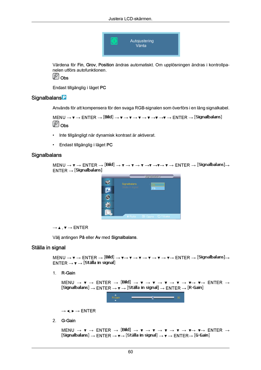 Samsung LH40LBPLBC/EN, LH40LBTLBC/EN, LH55LBTLBC/EN, LH55LBPLBC/EN, LH46LBTLBC/EN manual Signalbalans, Ställa in signal, Gain 