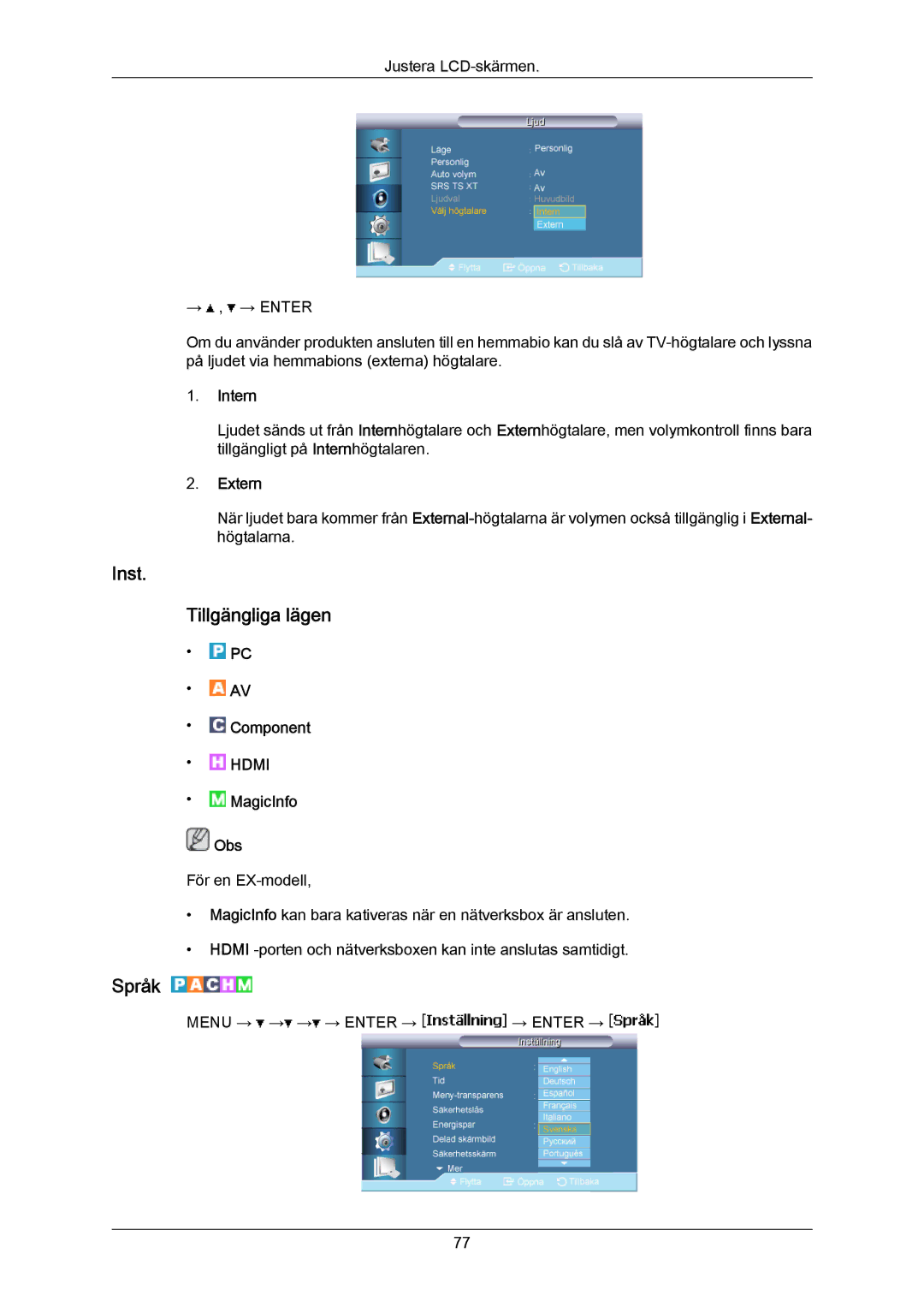 Samsung LH40LBTLBC/EN, LH40LBPLBC/EN, LH55LBTLBC/EN, LH55LBPLBC/EN manual Inst Tillgängliga lägen, Språk, Intern, Extern 