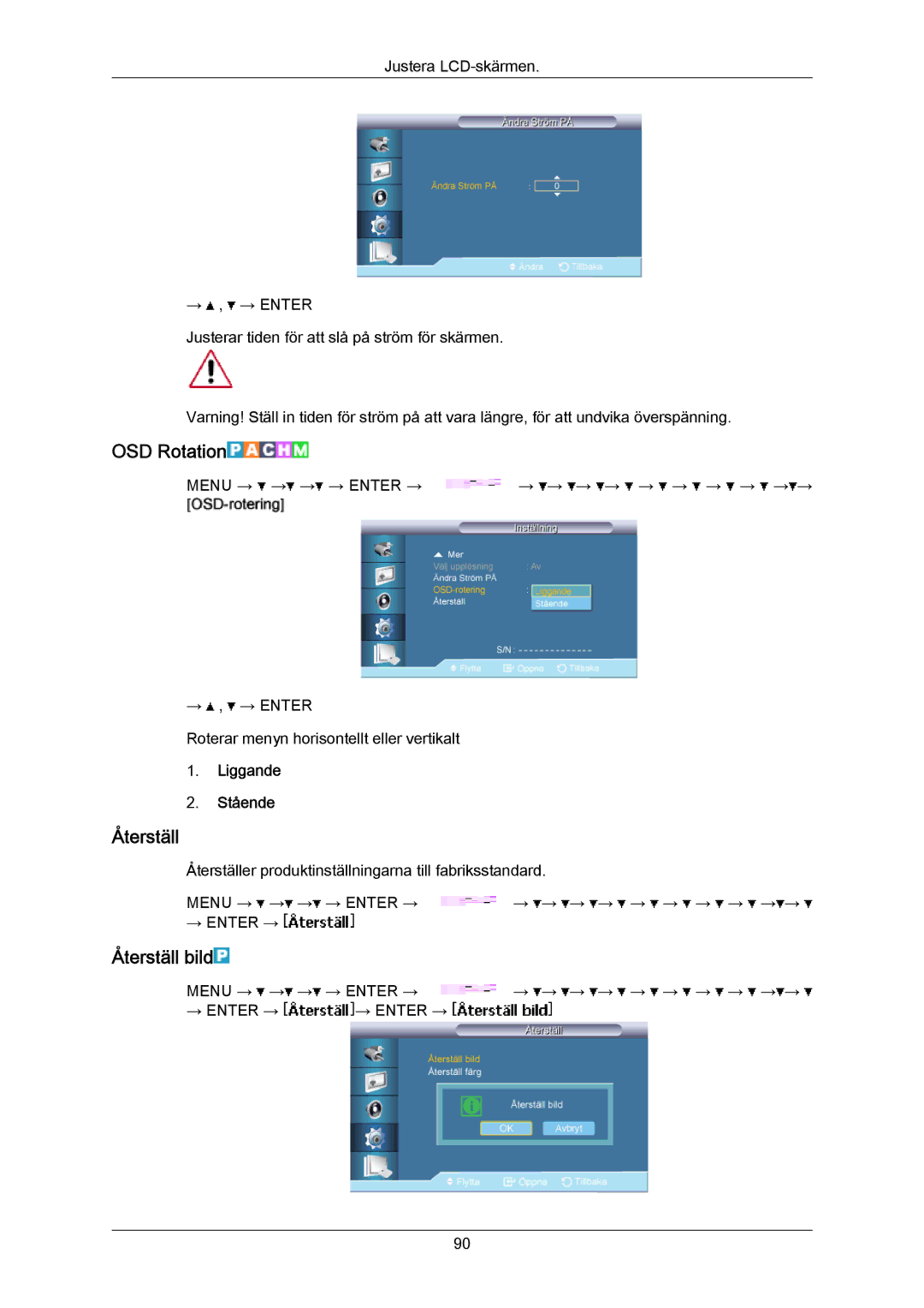 Samsung LH40LBPLBC/EN, LH40LBTLBC/EN, LH55LBTLBC/EN, LH55LBPLBC/EN manual OSD Rotation, Återställ bild, Liggande Stående 