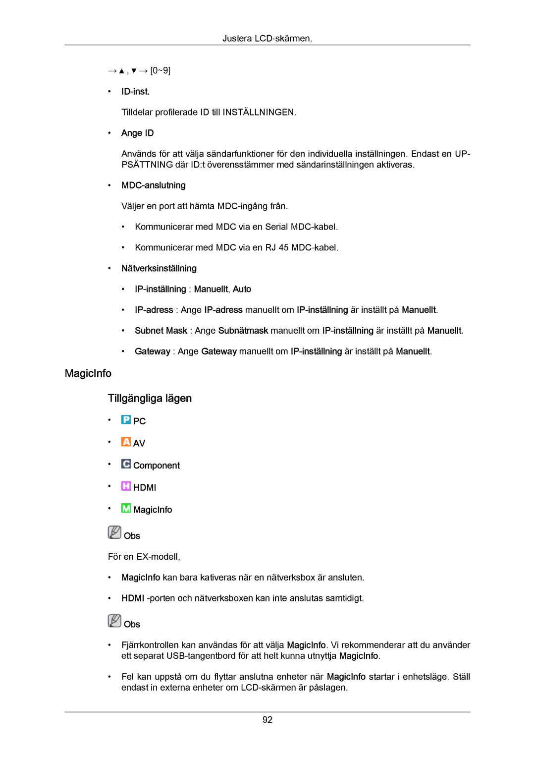 Samsung LH55LBPLBC/EN, LH40LBTLBC/EN, LH40LBPLBC/EN manual MagicInfo Tillgängliga lägen, ID-inst, Ange ID, MDC-anslutning 