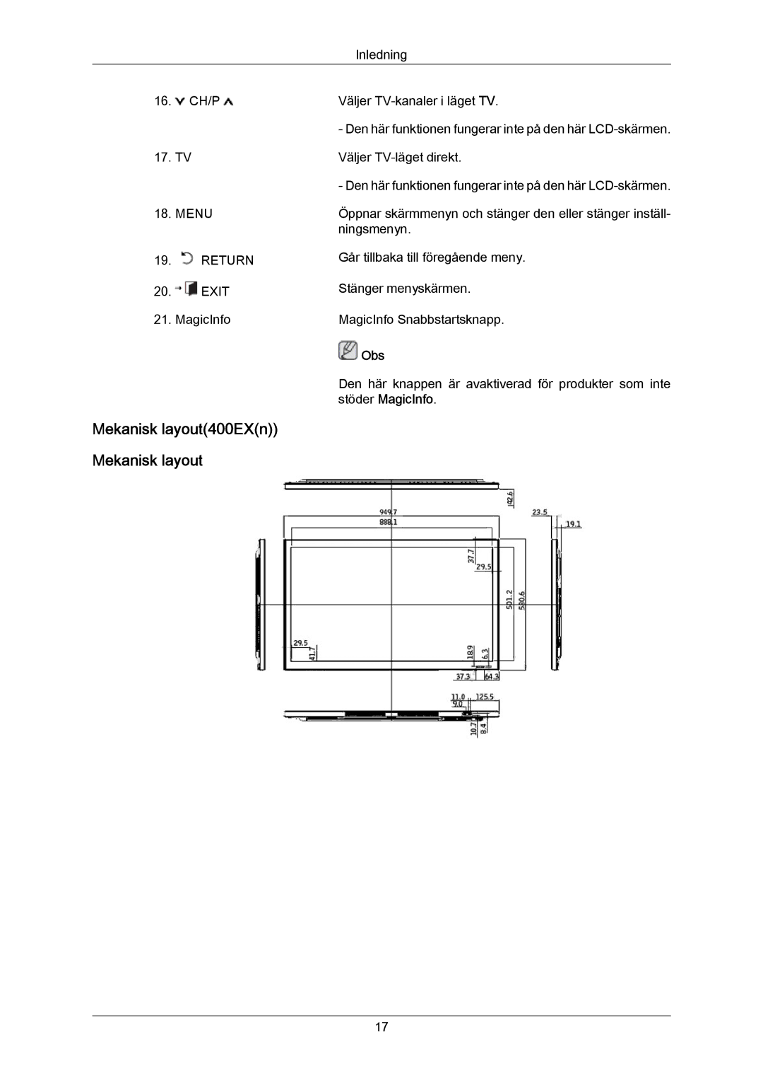 Samsung LH40LBTLBC/EN, LH40LBPLBC/EN, LH55LBTLBC/EN, LH55LBPLBC/EN, LH46LBTLBC/EN manual Mekanisk layout400EXn Mekanisk layout 