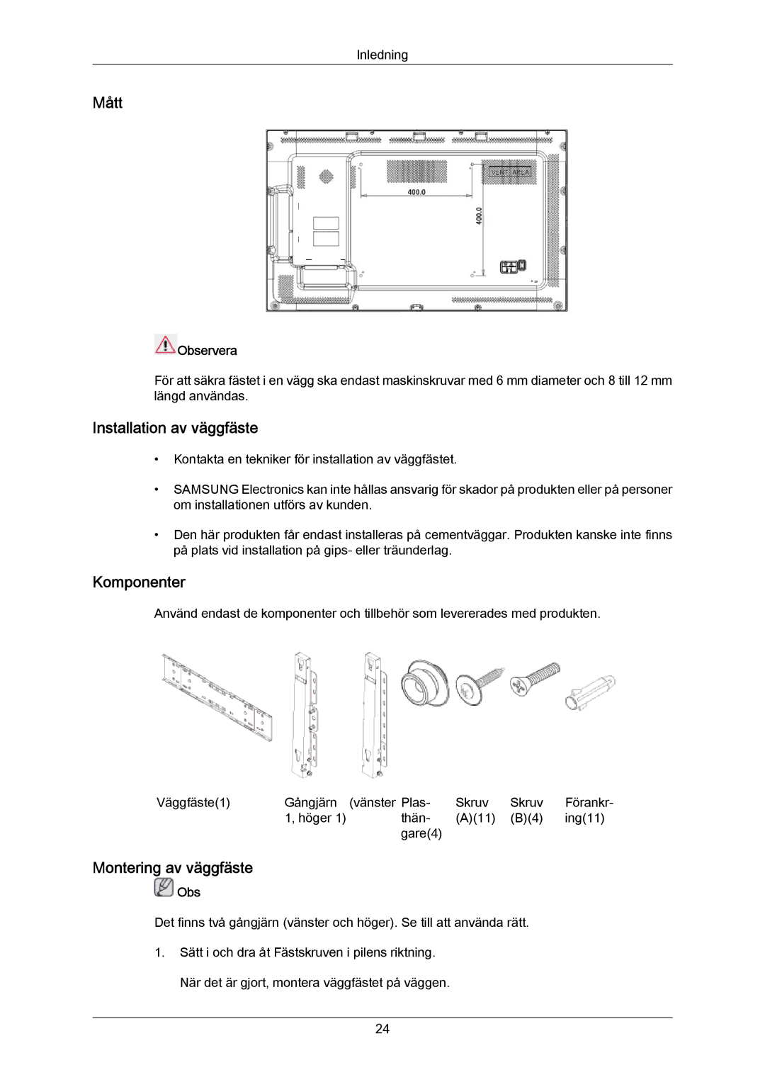 Samsung LH40LBPLBC/EN, LH40LBTLBC/EN, LH55LBTLBC/EN, LH55LBPLBC/EN, LH46LBTLBC/EN, LH46LBPLBC/EN manual Mått 