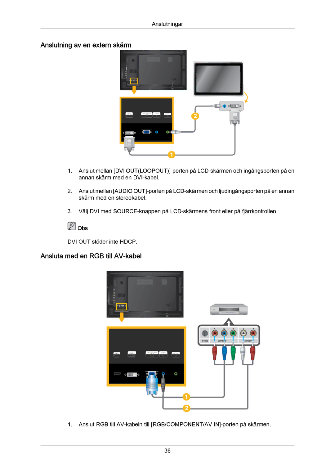 Samsung LH40LBPLBC/EN, LH40LBTLBC/EN, LH55LBTLBC/EN manual Anslutning av en extern skärm, Ansluta med en RGB till AV-kabel 