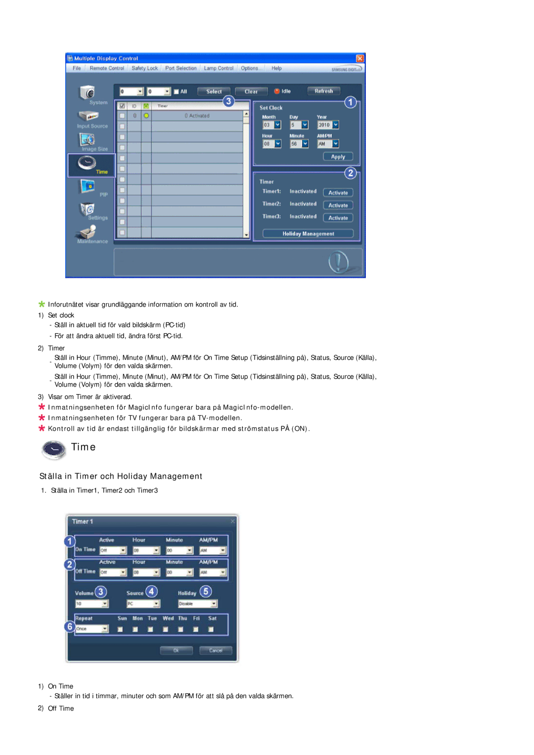 Samsung LH40LBPLBC/EN, LH40LBTLBC/EN, LH55LBTLBC/EN, LH55LBPLBC/EN, LH46LBTLBC/EN manual Ställa in Timer och Holiday Management 