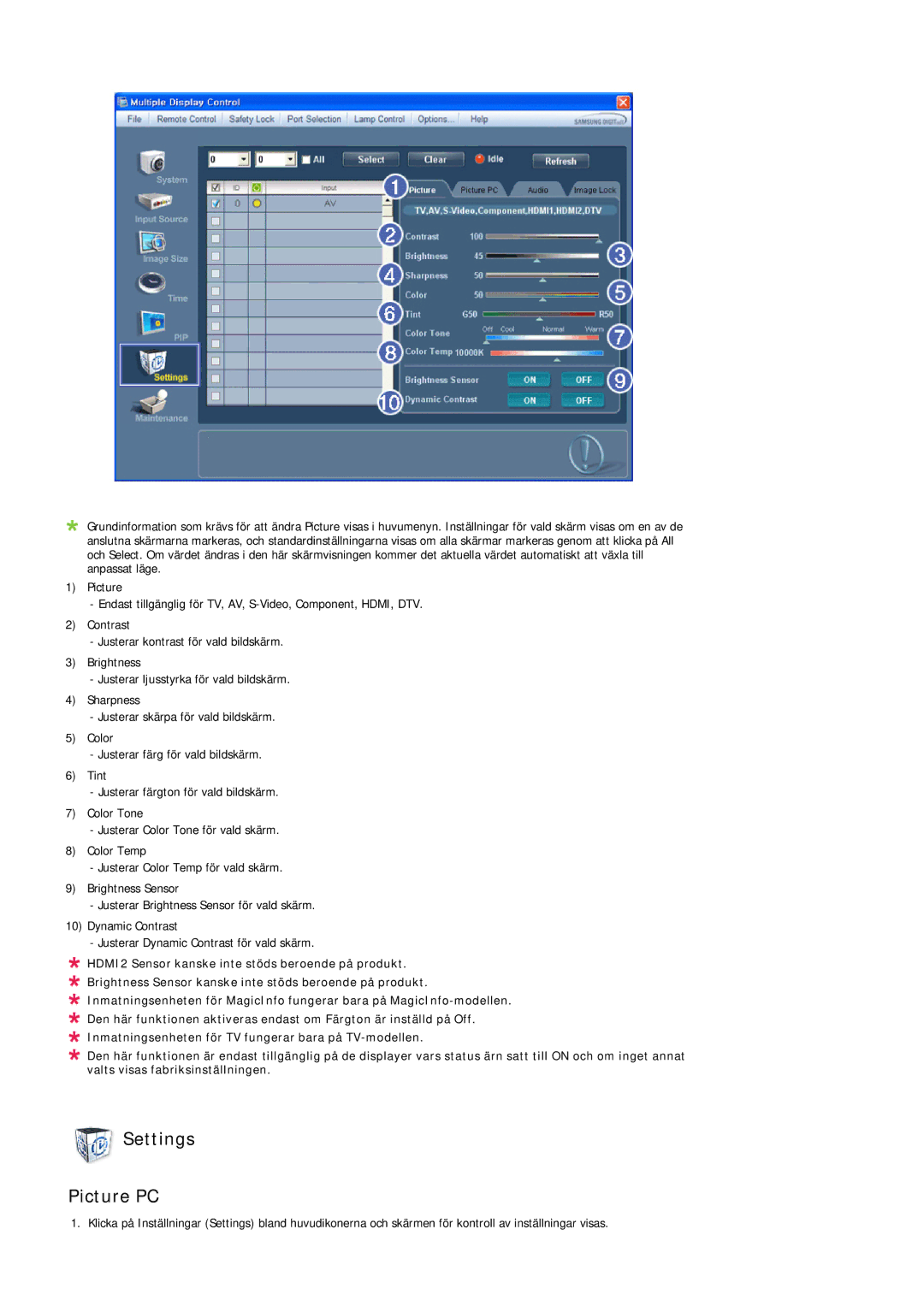 Samsung LH46LBPLBC/EN, LH40LBTLBC/EN, LH40LBPLBC/EN, LH55LBTLBC/EN, LH55LBPLBC/EN, LH46LBTLBC/EN manual Settings Picture PC 