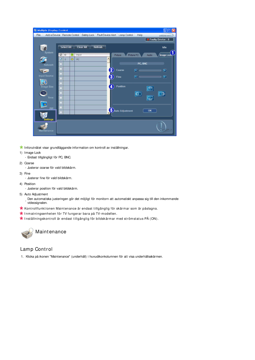 Samsung LH46LBPLBC/EN, LH40LBTLBC/EN, LH40LBPLBC/EN, LH55LBTLBC/EN, LH55LBPLBC/EN, LH46LBTLBC/EN manual Maintenance Lamp Control 