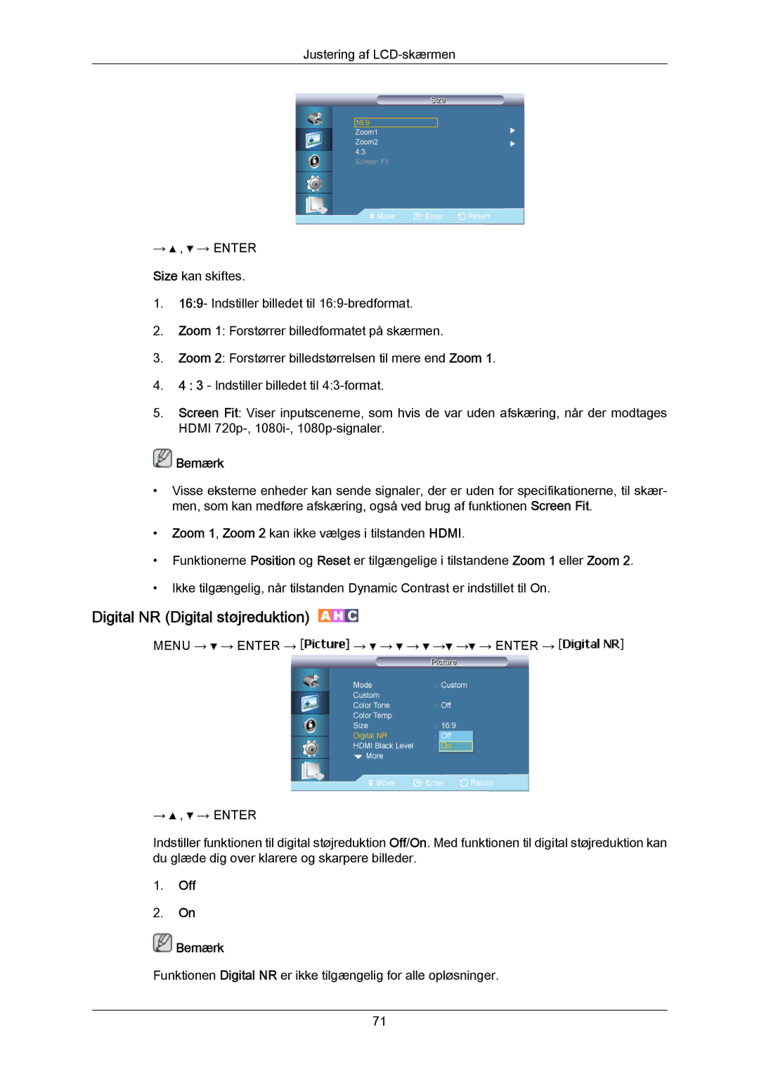 Samsung LH40LBTLBC/EN, LH40LBPLBC/EN, LH55LBTLBC/EN, LH55LBPLBC/EN manual Digital NR Digital støjreduktion, Off Bemærk 