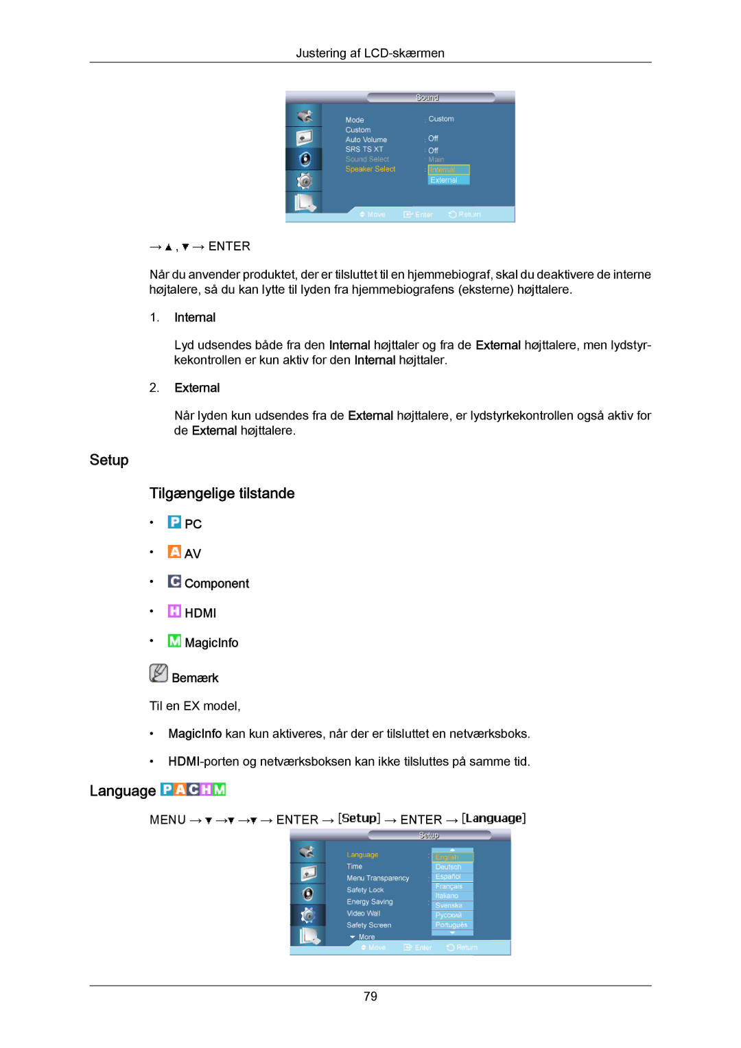 Samsung LH55LBTLBC/EN, LH40LBTLBC/EN, LH40LBPLBC/EN manual Setup Tilgængelige tilstande, Language, Internal, External 