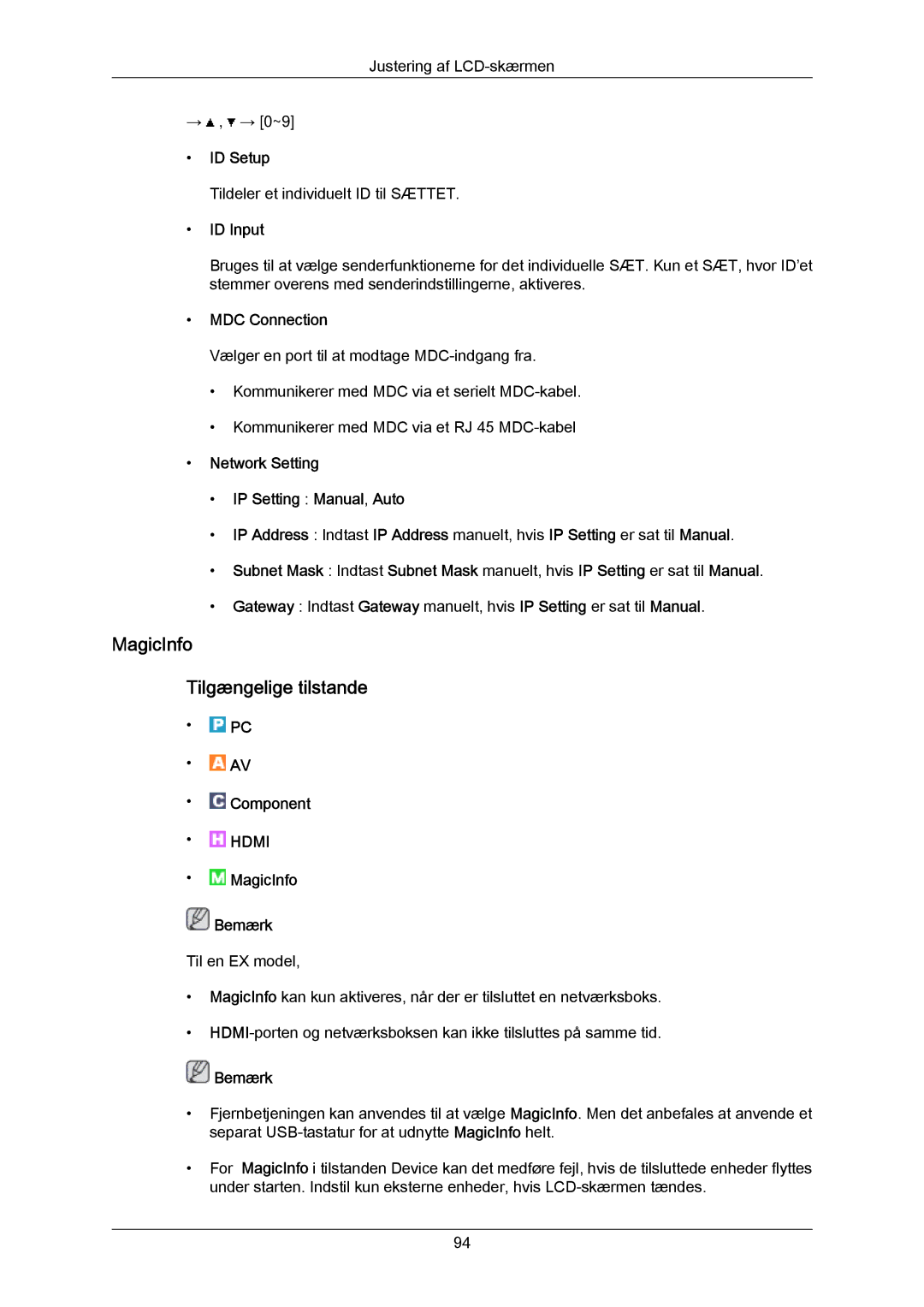 Samsung LH46LBPLBC/EN, LH40LBTLBC/EN, LH40LBPLBC/EN MagicInfo Tilgængelige tilstande, ID Setup, ID Input, MDC Connection 