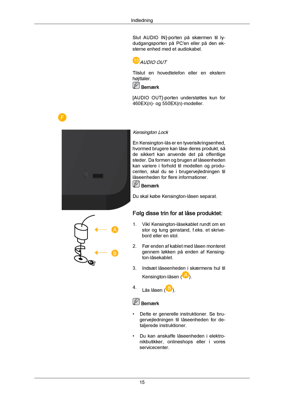 Samsung LH46LBTLBC/EN, LH40LBTLBC/EN, LH40LBPLBC/EN, LH55LBTLBC/EN Følg disse trin for at låse produktet, Kensington Lock 