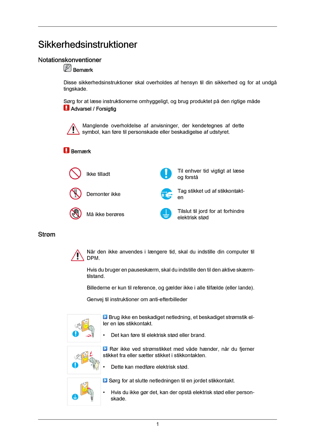 Samsung LH55LBTLBC/EN, LH40LBTLBC/EN, LH40LBPLBC/EN, LH55LBPLBC/EN, LH46LBTLBC/EN manual Notationskonventioner, Strøm, Bemærk 